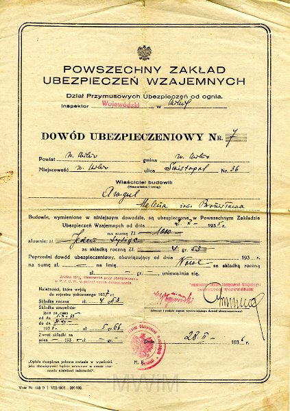 KKE 5788-1.jpg - Dok. Dowód Ubezpieczeniowy domu wystawiony przez Powszechny Zakład Ubezpieczeń Wzajemnych dla Heleny Awgul, Wilno, 28 II 1936 r.